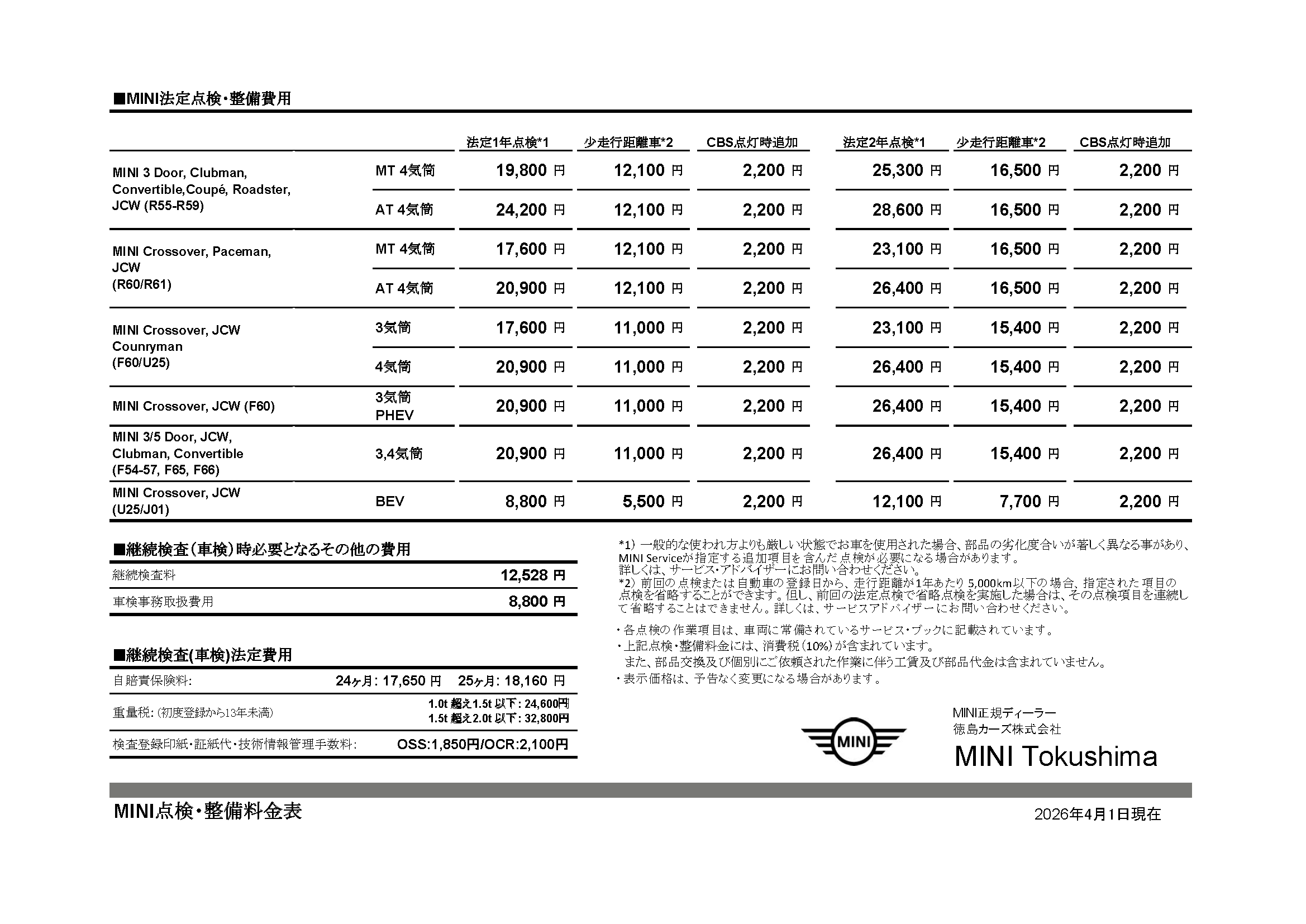 点検整備料金表 | MINI 徳島 / MINI NEXT 徳島